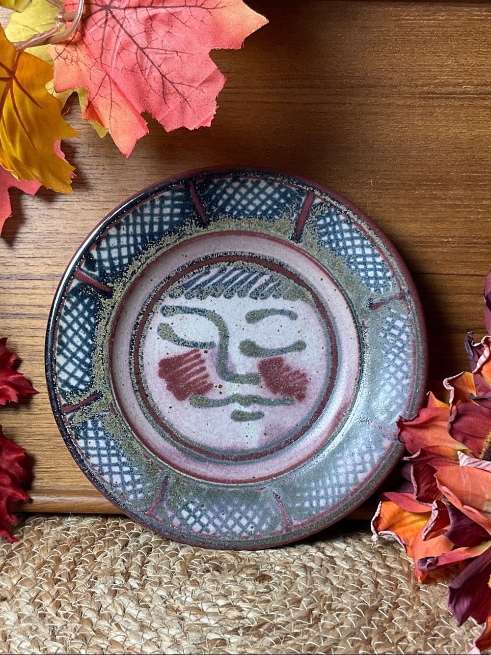 Handmade 8” Vintage Studio Pottery Face Plate Folk Art